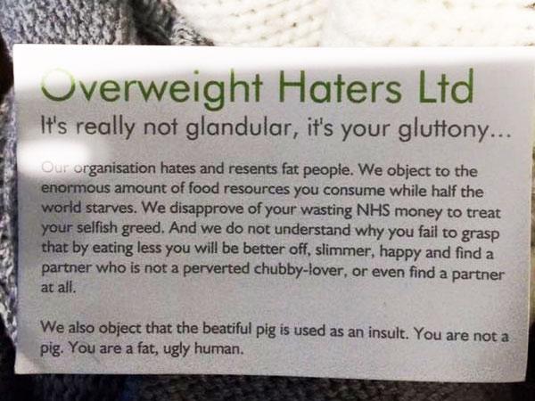 These fat shaming cards are being given out to commuters in London, England.