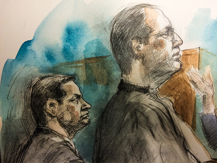 Const. James Forcillo (left) is seen in court with defence lawyer Peter Brauti on Dec. 2, 2015.