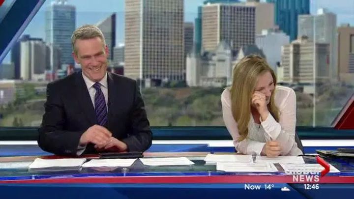 Shaye Ganam and Erin Chalmers can barely contain their laughter after seeing a video of a little girl getting smacked by a royal guard.