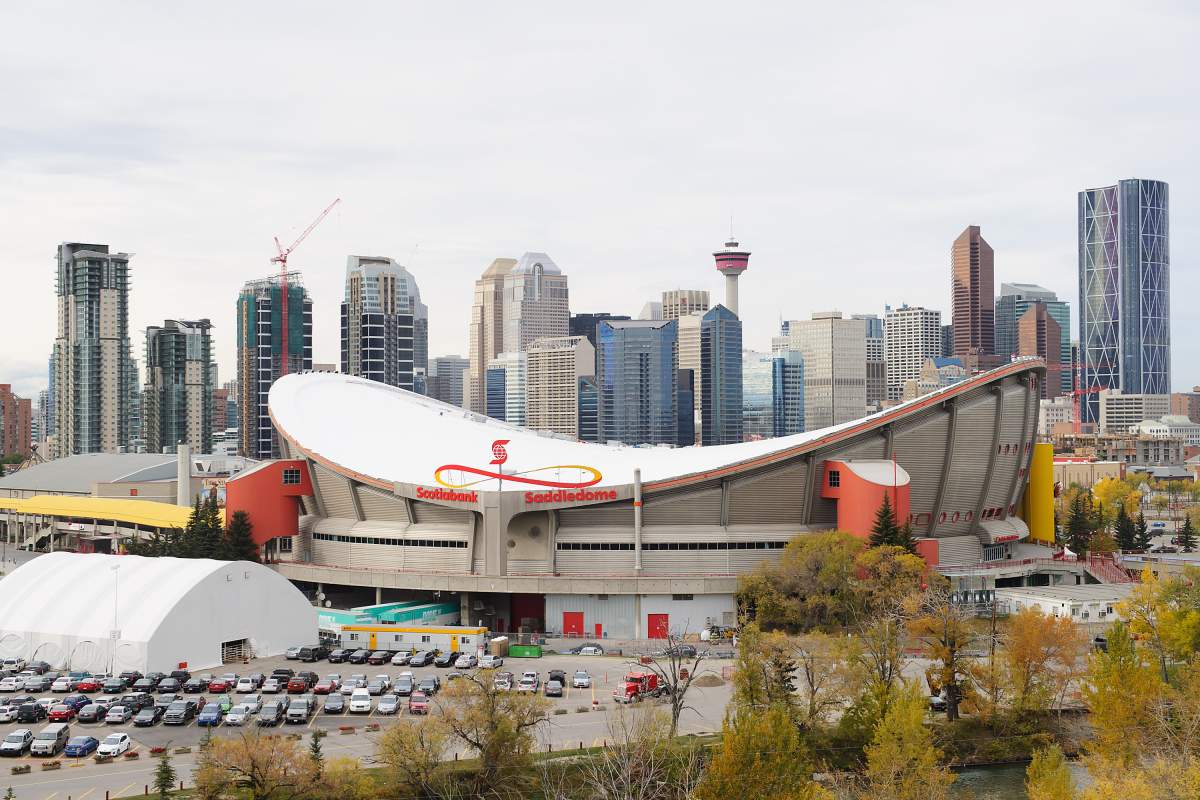 A general view of the exterior of the Scotiabank Saddledome on Oct. 6, 2013, with the Calgary skyline behind.