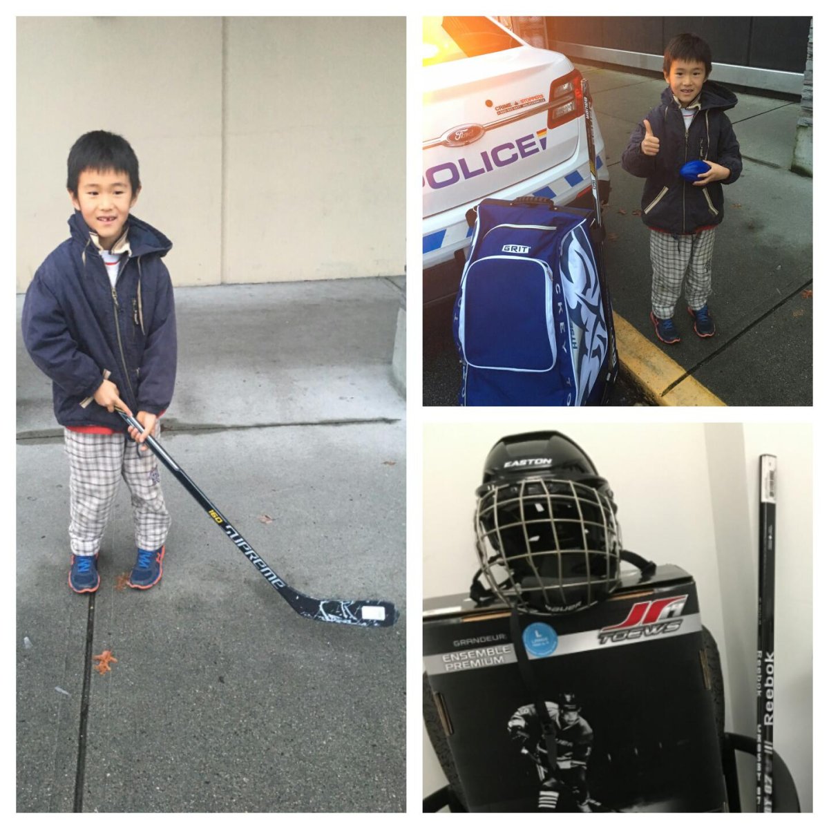 Six-year-old Grant is happy to have his hockey gear replaced.