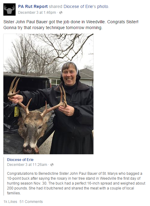 Sister John Paul poses for a photo with the 10-point buck she killed. This photo and post have since been removed after harsh criticism.