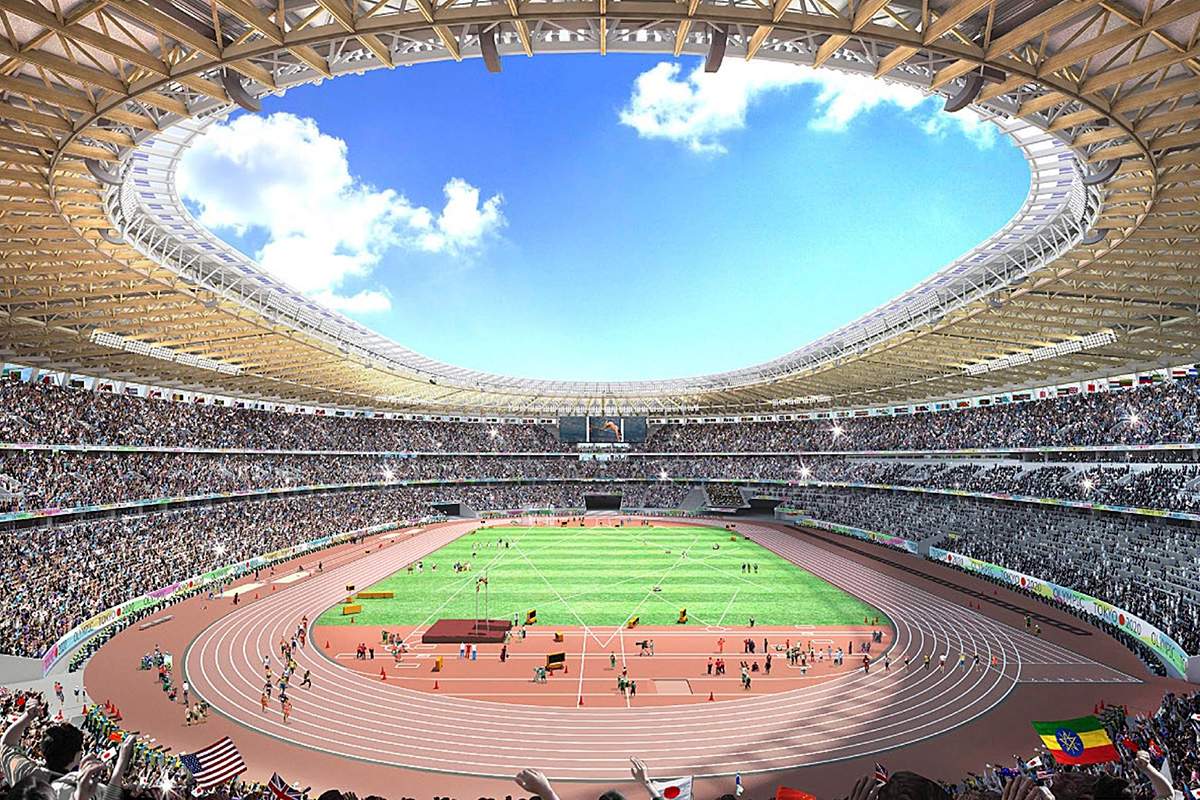 This artist rendering provided by the Japan Sports Council Monday, Dec. 14, 2015 shows the inside of Design “A” proposed by one of two groups competing to build the new Tokyo Olympic stadium. The Japan Sports Council released the designs on Monday and said the winner will be chosen this month. It did not identify which companies have proposed which designs.