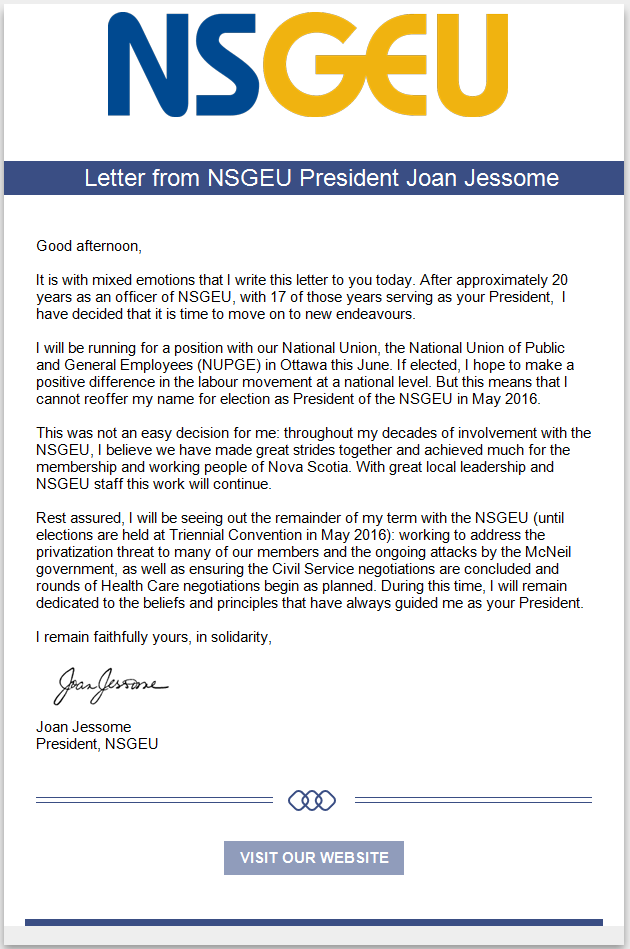 The letter Joan Jessome wrote about stepping down as NSGEU president.
