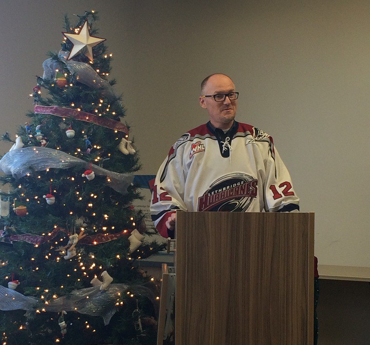 Lethbridge city councillor Blaine Hyggen lays down the ground rules for the second annual Christmas Hope Hockey Challenge. 