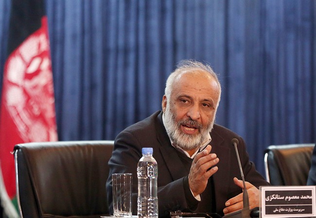 Afghanistan's acting defense minister Masoom Stanekzai talks during a press conference in Kabul, Afghanistan, Wednesday, Dec. 23, 2015. Reinforcements have been rushed to a besieged southern district threatened for days with takeover by Taliban fighters, Afghanistan's acting defense minister said on Wednesday.