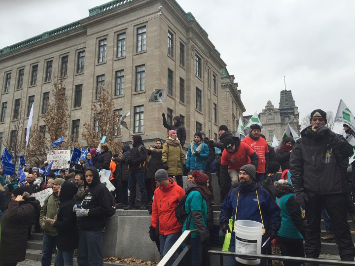 Public sector protesters gather in Quebec City, December 9, 2015.