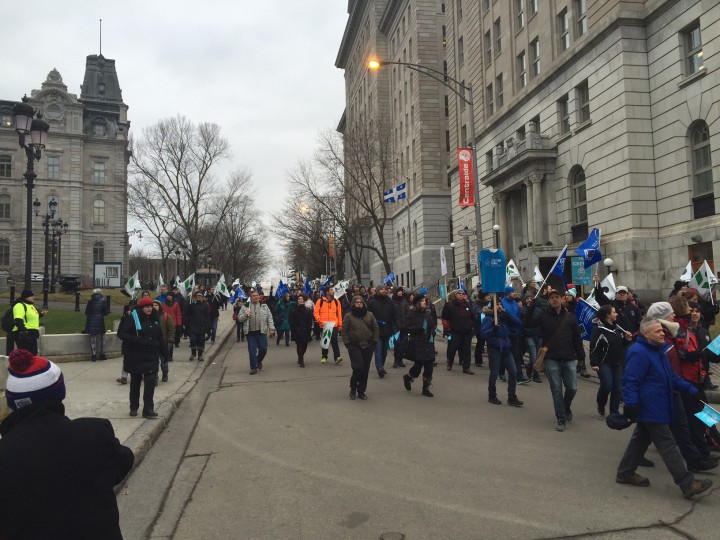Public sector protesters gather in Quebec City, December 9, 2015.