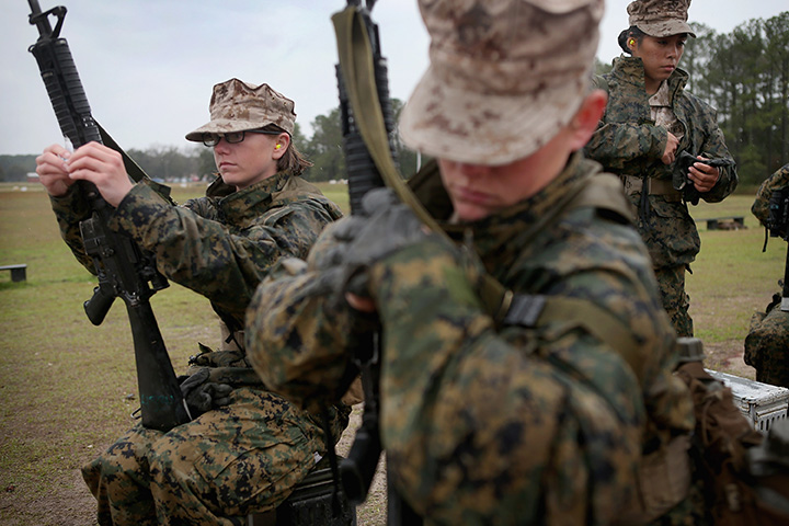 Female Marine recruits are seen during boot camp on February 25, 2013 at MCRD Parris Island, South Carolina. 