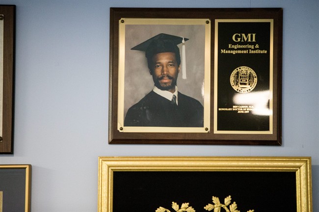 A graduation photograph of Republican presidential candidate Dr. Ben Carson is one of many accolades which line the walls of his game room in his home in Upperco, Md.