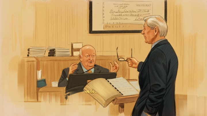 In this artist's sketch, Sen. Mike Duffy, a former member of the Conservative caucus, testifies at his trial in Ottawa, Monday, Dec. 14, 2015, as defence lawyer Donald Bayne looks on.