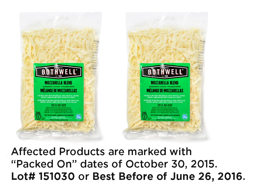 Bothwell Cheese is recalling five shredded cheese products sold in Saskatchewan, Manitoba and Quebec over listeria contamination fears.