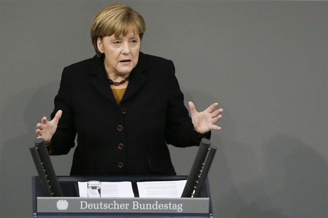 German Chancellor Angela Merkel delivers her speech about the upcoming European Summit at the German parliament Bundestag in Berlin, Wednesday, Dec. 16, 2015.