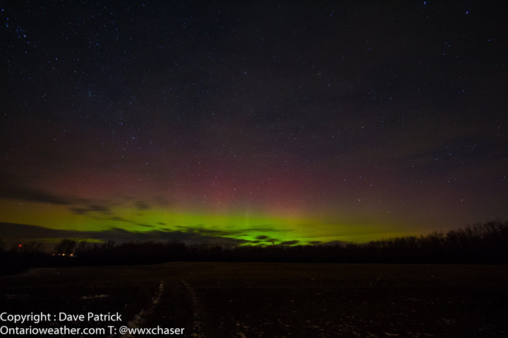 The sky is illuminated with reds and greens in this photo taken by Dave Patrick in Ipperwash Provincial Park, Ontario.