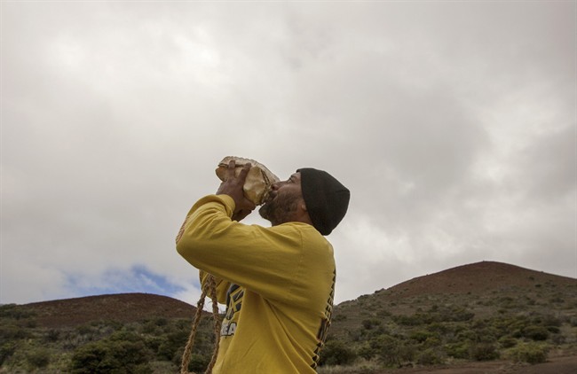 In this Aug. 31, 2015 file photo, Kupono Mele-Ana-Kekua, of Kaaawa, Hawaii, blows a conch shell near the summit of Mauna Kea on Hawaii's Big Island.