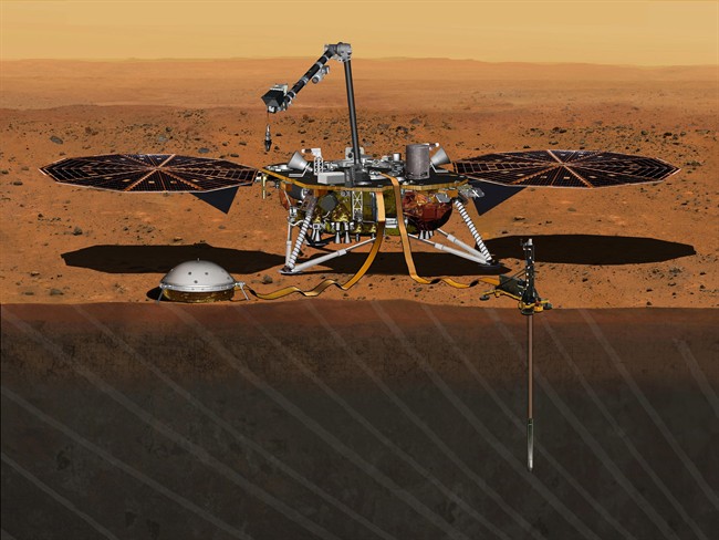 An artist's concept of InSight on Mars. On Tuesday, NASA announced that the mission would be delayed due to a leak in a science instrument.