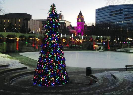 A Christmas tree at Olympic Plaza. 