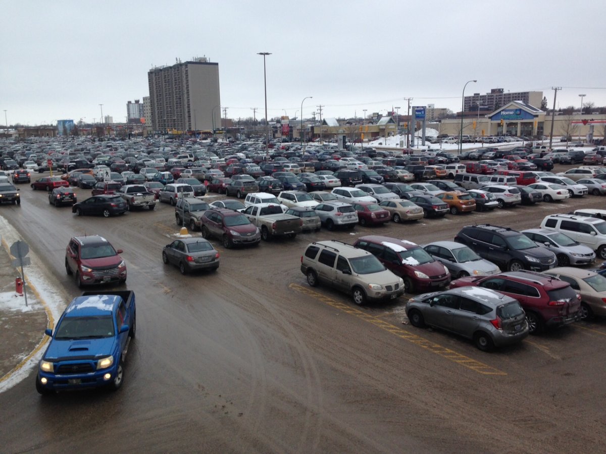 Packed parking lot at Polo Park mall in Winnipeg.