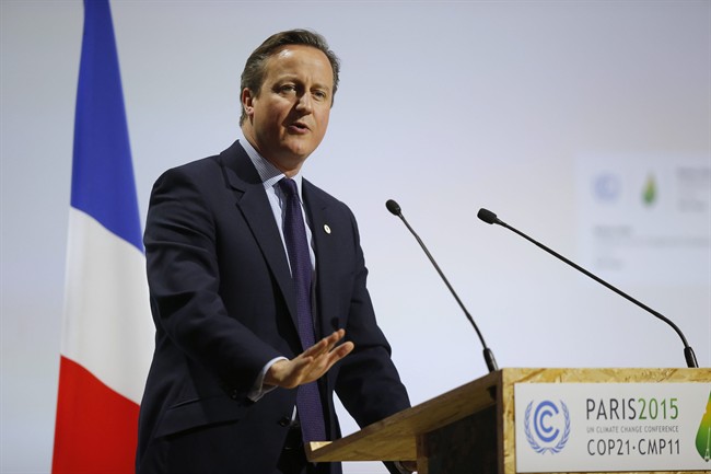 British Prime Minister David Cameron addresses world leaders at the COP21, United Nations Climate Change Conference, in Le Bourget, outside Paris, Monday, Nov. 30, 2015. 