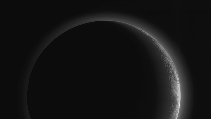 This image was made just 15 minutes after New Horizons’ closest approach to Pluto on July 14, 2015, as the spacecraft looked back at Pluto toward the sun. The wide-angle perspective of this view shows the deep haze layers of Pluto’s atmosphere extending all the way around Pluto, revealing the silhouetted profiles of rugged plateaus on the night (left) side.