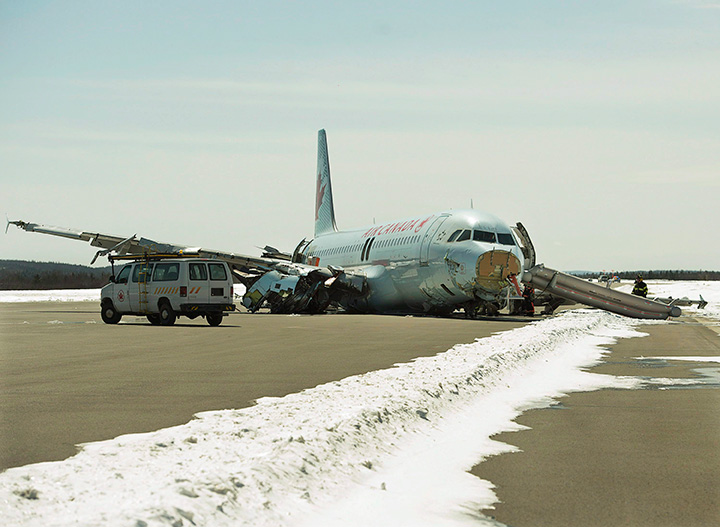 Air Canada flight AC624, which crash-landed during a snowstorm, is seen at Stanfield International Airport in Halifax on March 30, 2015.