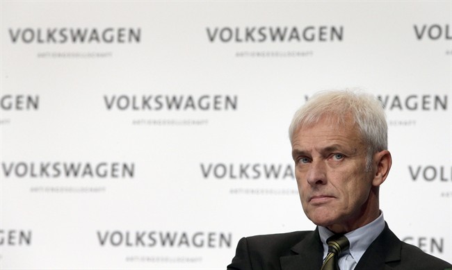 Matthias Mueller, CEO of Volkswagen, attends a press conference of the German car manufacturer Volkswagen in Wolfsburg, Germany, Thursday, Dec. 10, 2015. (AP Photo/Michael Sohn).
