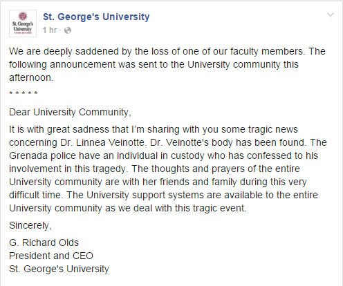 The statement issued by the president of St. George’s University to the family of Linnea Vienotte.