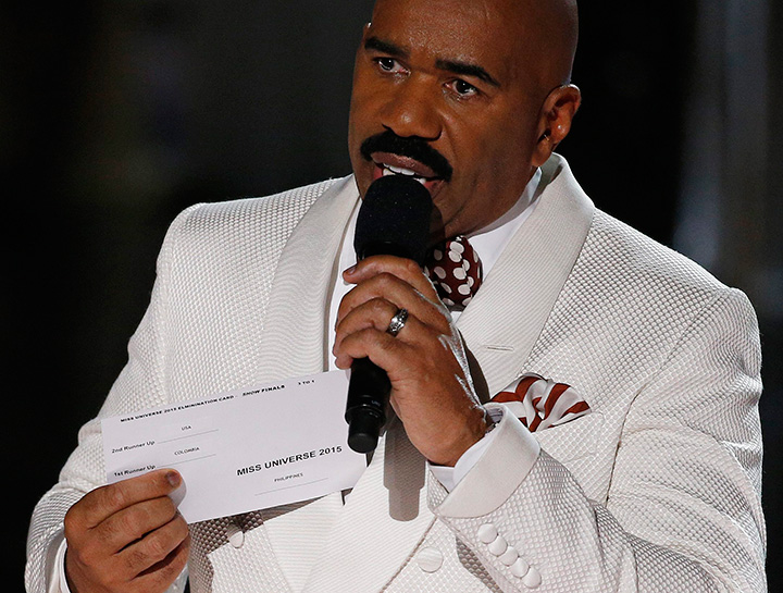 Steve Harvey holds up the card showing the winners after he incorrectly announced Miss Colombia Ariadna Gutierrez at the winner at the Miss Universe pageant Sunday, Dec. 20, 2015, in Las Vegas.
