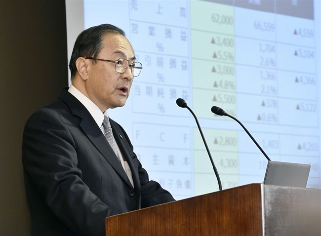 Toshiba Corp. President Masashi Muromachi speaks during a press conference at its headquarters in Tokyo Monday, Dec. 21, 2015. 