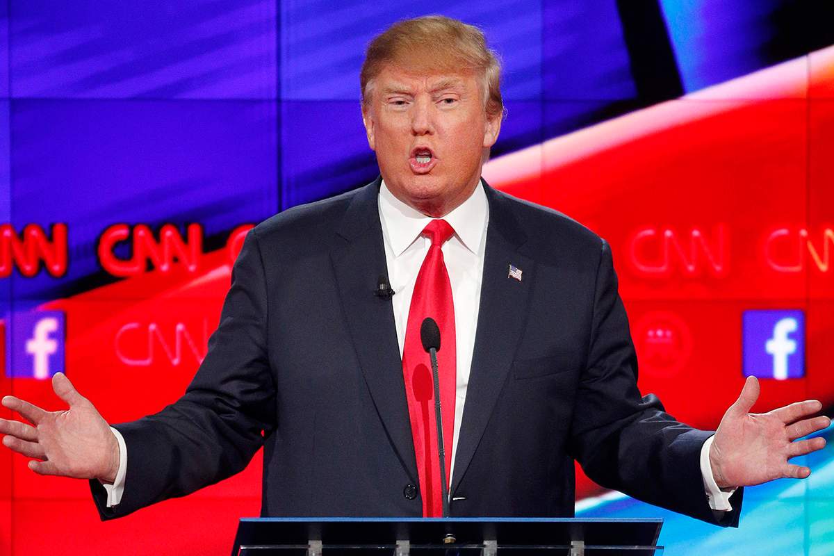 Donald Trump makes a point during the CNN Republican presidential debate at the Venetian Hotel & Casino on Tuesday, Dec. 15, 2015, in Las Vegas.