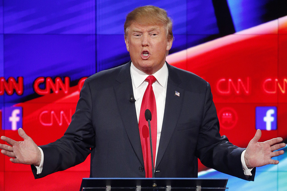 Donald Trump makes a point during the CNN Republican presidential debate at the Venetian Hotel & Casino on Tuesday, Dec. 15, 2015, in Las Vegas.
