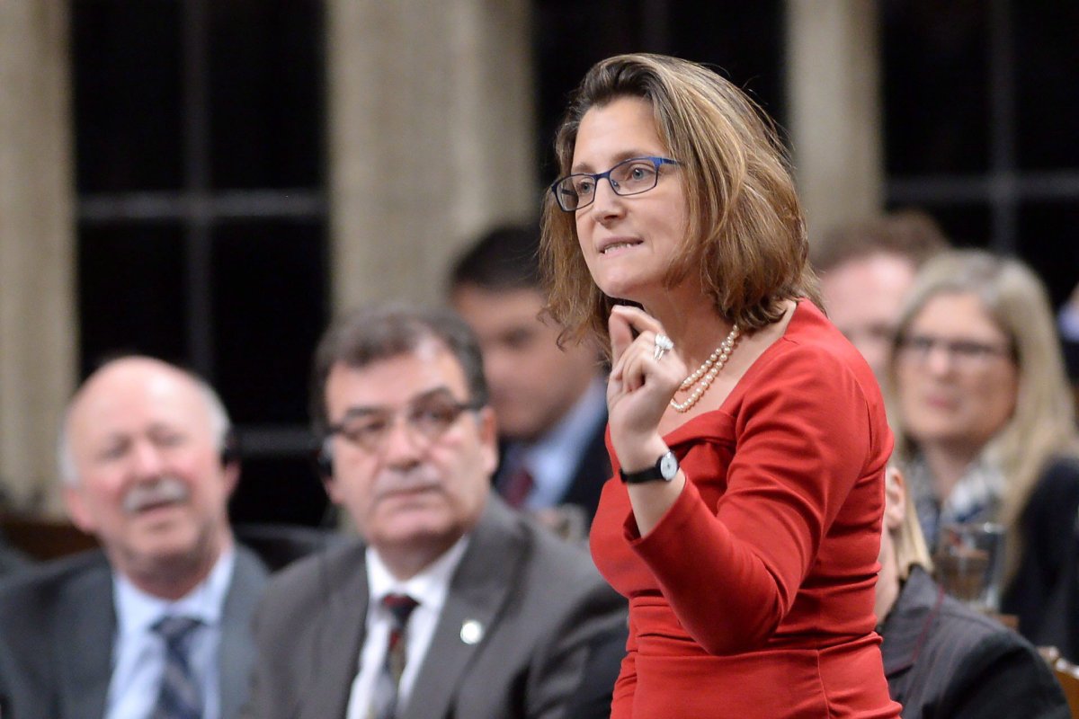International Trade Minister Chrystia Freeland answers a question during Question Period in the House of Commons in Ottawa, on Monday, Dec. 7, 2015. 