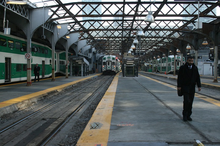 A passenger walks from a GO train arrives at Toronto's Union Station, the city's main railway hub, on Monday, Dec. 14, 2015. THE CANADIAN PRESS IMAGES/Richard Buchan.