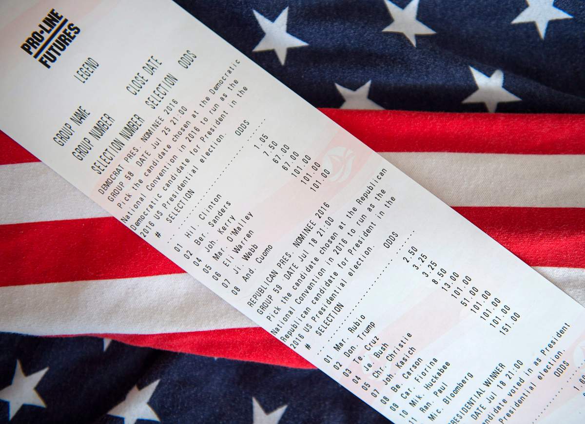 An Atlantic Lottery Corporation print out is seen in Halifax on Wednesday, Jan. 6, 2016. The company is offering a chance to bet on the outcome of the United States presidential race with their sports betting system, Pro-Line. Players can bet on the Republican nomination, the Democratic nomination and who ultimately moves into the White House. 