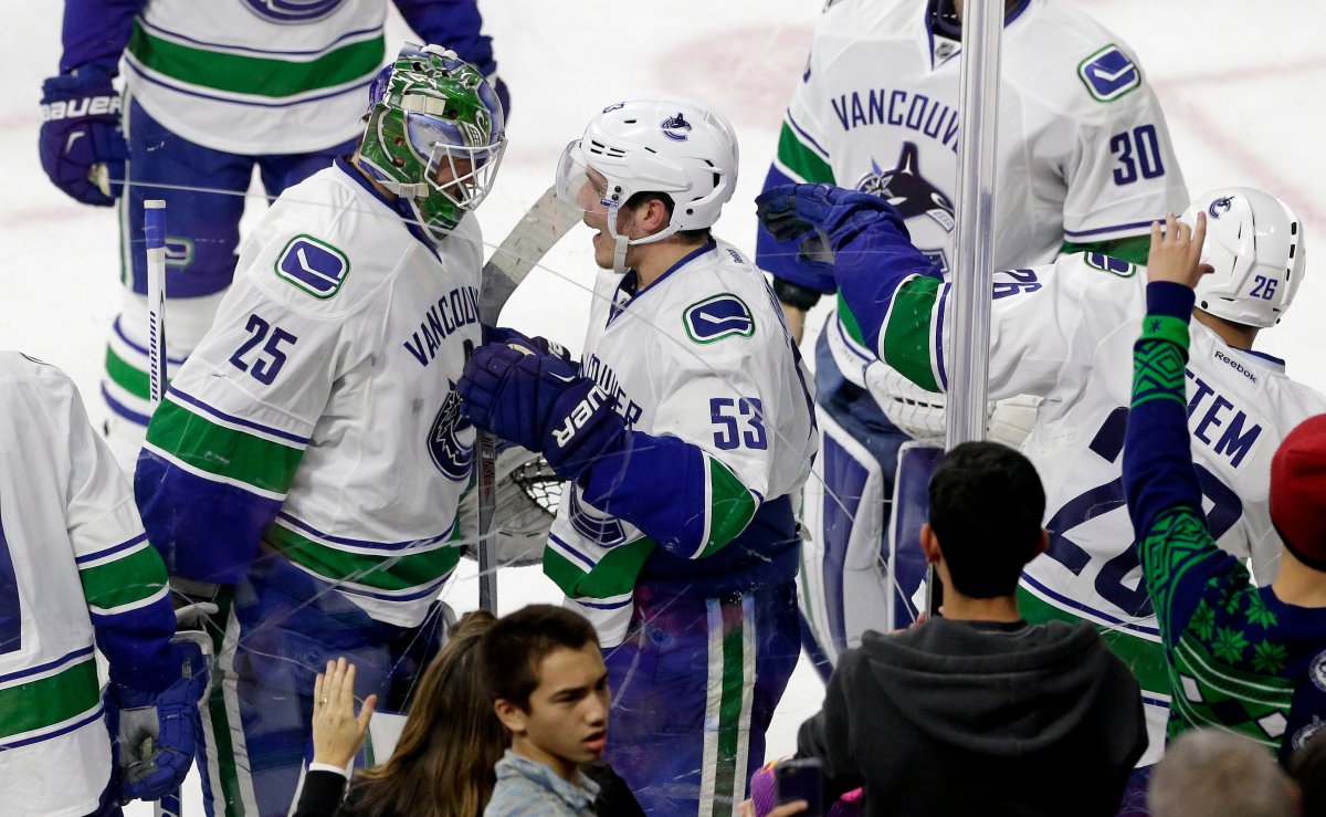 Vancouver Canucks' Bo Horvat is congratulated by goalie Jacob Markstrom following Horvat's goal during overtime. 