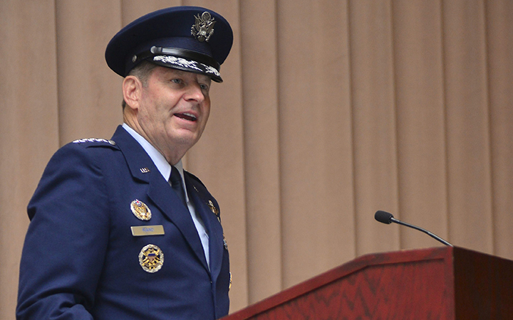 U.S. Air Force, Gen. Robin Rand speaks after taking command of Air Force Global Strike Command during a ceremony at Barksdale Air Force Base, La. Errors by three airmen troubleshooting a nuclear missile in its launch silo in 2014 triggered a "mishap" that damaged the missile.