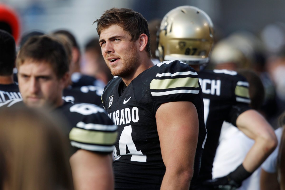 Nick Kasa watches from the sideline during an NCAA college football game in Boulder, Colo. Kasa was signed to the Denver Broncos practice squad Monday, Jan. 25, 2016 as the team heads to Super Bowl 50. 