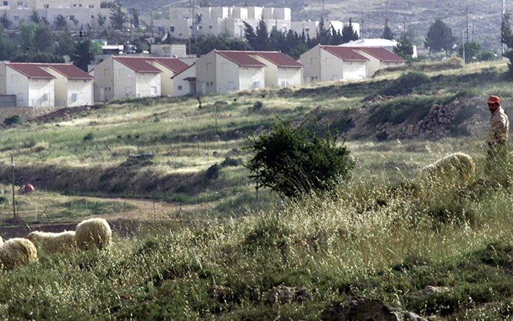 A Palestinian shepherd walks his flock, backdropped by the Jewish settlement of  Nigdal Oz, one of the settlements of the Gush Etzion block of settlements, in the southern West Bank. 