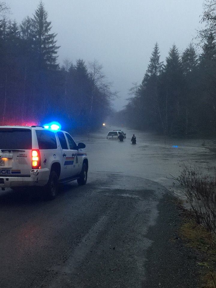 The road to Zeballos (in North Vancouver Island) is flooded in three places.