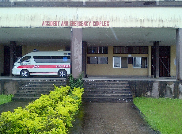 A photo taken on October 9, 2015 in Calabar shows the emergency entrance of the Univeristy of Calabar Teaching Hospital, where ten people were quarantined as a precaution after a man being a suspected Ebola case died. 