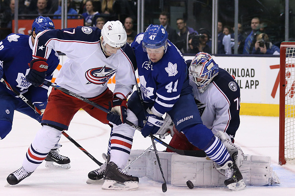 eo Komarov tries to get to the puck as he battles Jack Johnson in front of Joonas Korpisalo as the Toronto Maple Leafs lose to the Columbus Blue Jackets 3-1 at the Air Canada Centre in Toronto. January 13, 2016. (Steve Russell/Toronto Star via Getty Images).