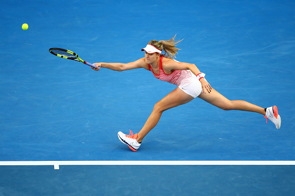 Eugenie Bouchard of Canada plays a forehand in her second round match against Agnieszka Radwanska of Poland during day three of the 2016 Australian Open at Melbourne Park on January 20, 2016 in Melbourne, Australia. (Photo by Scott Barbour/Getty Images).
