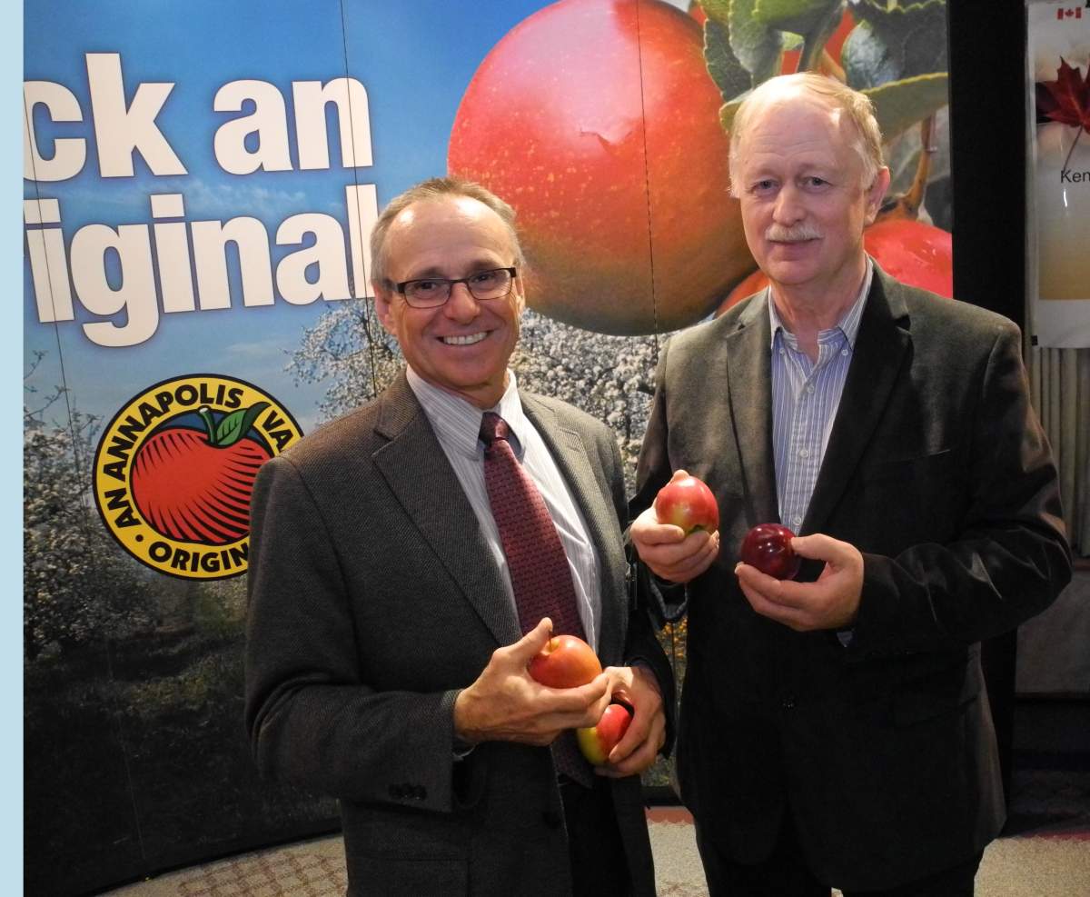 Andrew Parker, president of the Nova Scotia Fruit Growers’ Association, and Keith Colwell, the province’s minister of agriculture, were part of the announcement in Wolfville, N.S.