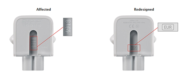 According to the company, the recall includes two-pronged wall plug adapters included with Mac computers and 10-watt adapters included with certain iOS devices between 2003 and 2015.