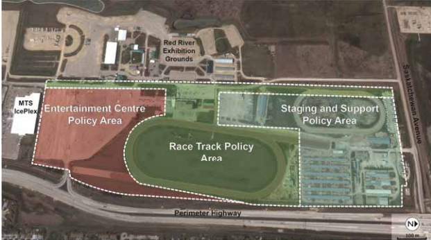 The plan involves keeping the existing race track and building hotels, convention and retail space on the parking lot between the Downs and the MTS Iceplex hockey facility.