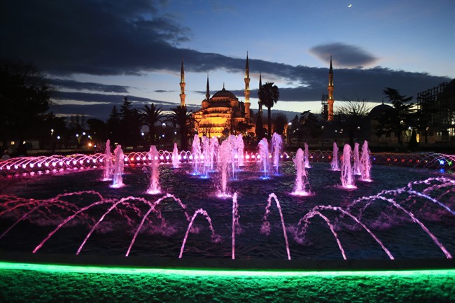 A view of the Sultan Ahmed Mosque, better known as the Blue Mosque, in the historic Sultanahmet district of Istanbul.