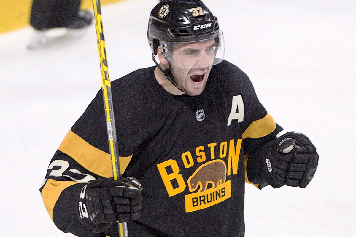 Boston Bruins center Patrice Bergeron celebrates after scoring against the Montreal Canadiens.