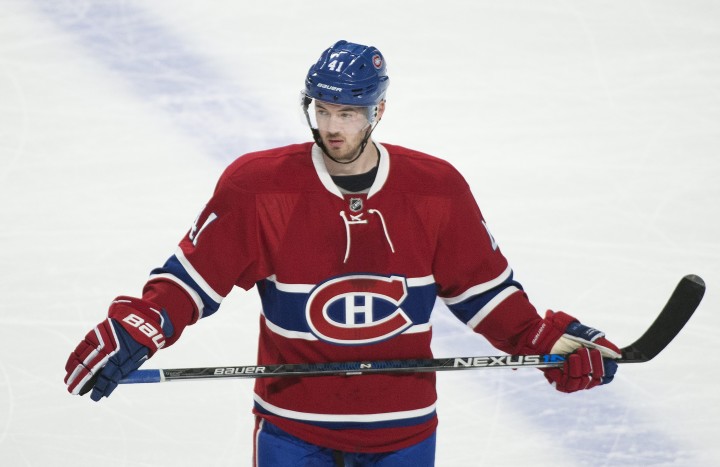 Montreal Canadiens' Paul Byron looks on during an NHL hockey game.