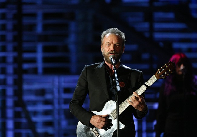 FILE - In this Nov. 18, 2015 file photo, Sting performs at Shining a Light: A Concert for Progress on Race in America at the Shrine Auditorium in Los Angeles. Sting is trading "Fields of Gold" for a court of stars. The Grammy-winning artist known for hits like "Roxanne" and "Desert Rose" will perform the halftime show at the NBA All-Star Game on Feb. 14, 2016, at the Air Canada Centre in Toronto. (Photo by Rich Fury/Invision/AP, File).