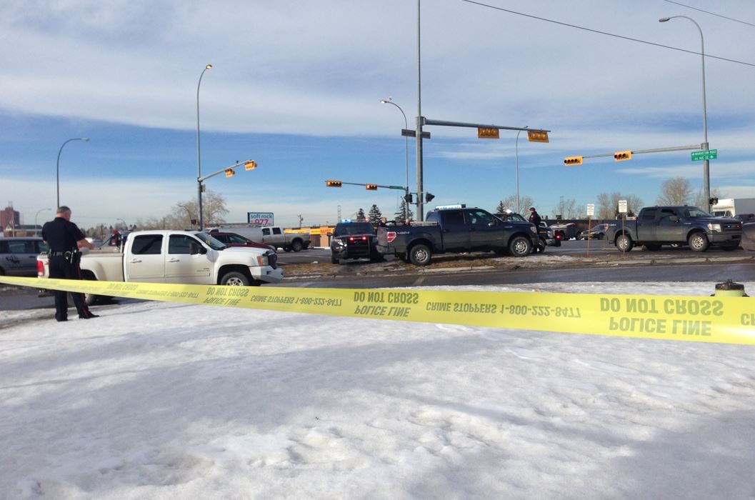 Police tape cordons off a section of the intersection of Blackfoot Trail and 46 Avenue S.E. on Thursday, Jan. 28, 2016 after a pedestrian was hit.